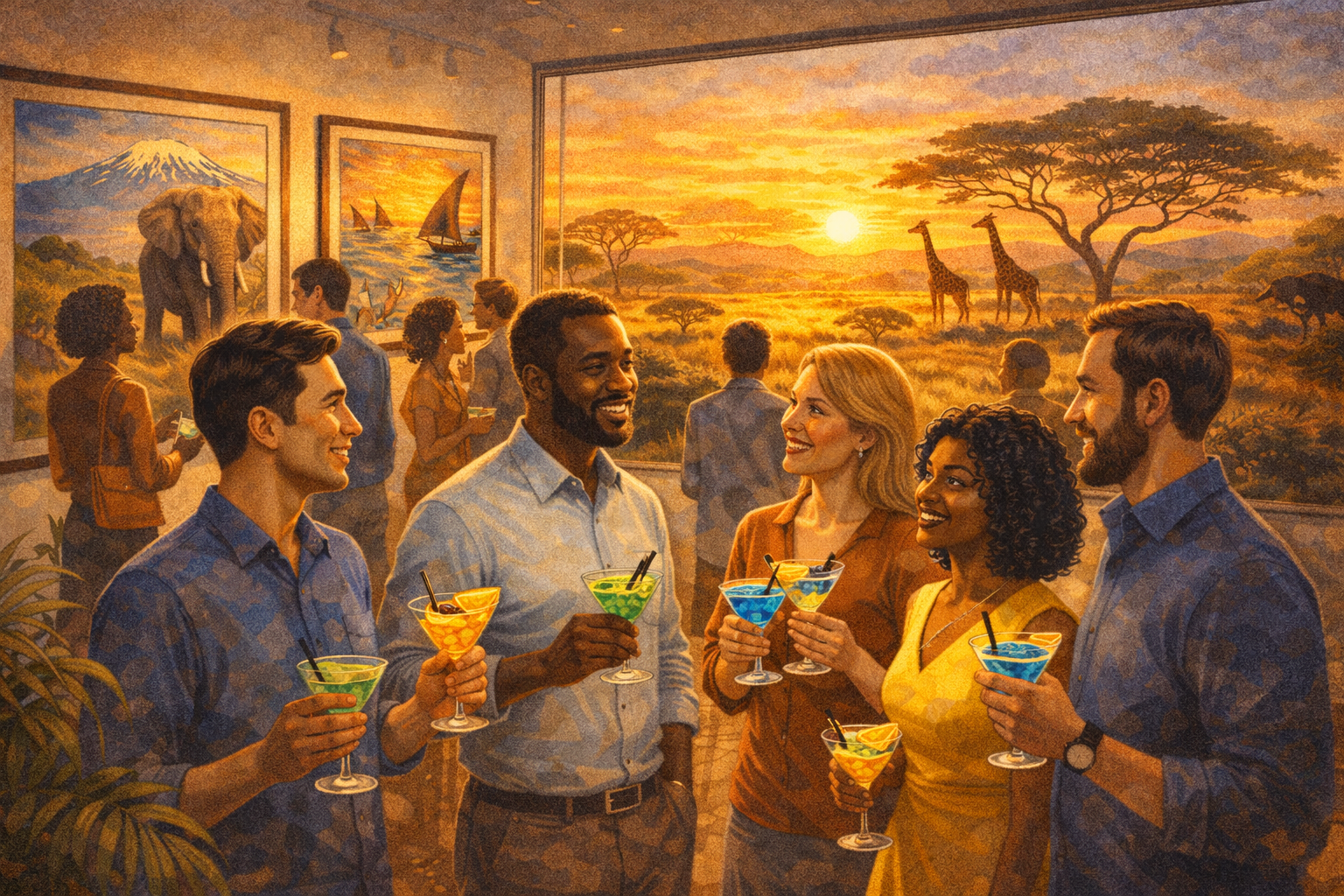 People enjoying drinks at a sunset gathering.
