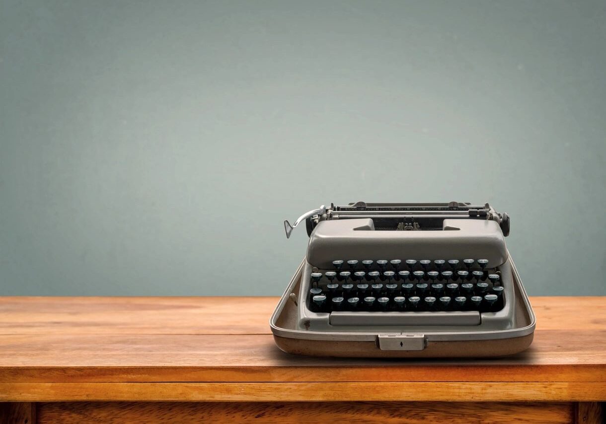 Vintage typewriter on a wooden desk.