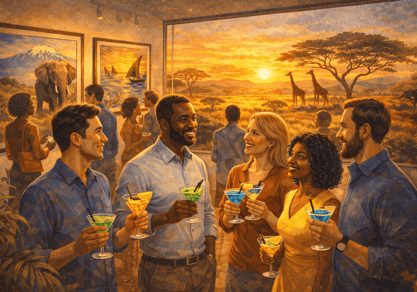 People enjoying drinks at a sunset gathering.
